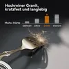 A graphic comparing the hardness of granite to other materials, with a fork creating sparks in the foreground. Produktbild-Vorschau