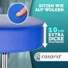 Close-up of a blue stool cushion with text overlays highlighting its features and a brand logo. Produktbild-Vorschau