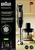A product shot of a Braun MultiQuick 5 Pro hand blender and its accessories, set against a light gray background with some kitchen elements visible. Produktbild-Vorschau