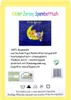 A product information card for a children's jersey fitted sheet, featuring a graphic of a teddy bear on the moon and product details. Produktbild-Vorschau