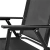 Close-up view of the armrest and fabric of a black folding garden chair. Produktbild-Vorschau