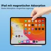 A hand is holding a tablet, showcasing its screen with various app icons and widgets. Produktbild-Vorschau