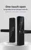 Two black smart door locks are displayed on a white pedestal against a light gray background. The lock on the right has a keypad and a fingerprint scanner. Produktbild-Vorschau