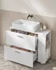 A modern white bathroom vanity with a vessel sink and a black faucet. Náhled obrázku produktu