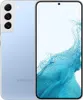 A light blue Samsung Galaxy S22+ 5G smartphone is shown from the back and front.
