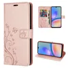 A collage of images showing a rose gold flip phone case with a floral design, including a view of the case open with cards and cash inserted, and a view of the phone inside the case. Produktbild-Vorschau