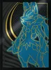 A stylized graphic of a Pokémon character, Lucario, against a dark, patterned background with gold accents. Produktbild-Vorschau