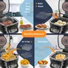 A collage of images showcasing the KESSER Multikocher kitchen appliance and its various cooking functions, including grilling, baking, air crisping, and dehydrating. Produktbild-Vorschau