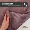 A hand is shown touching a purple corduroy cushion, with text overlays describing the product. Produktbild-Vorschau