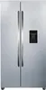 A front view of a silver side-by-side refrigerator with a water dispenser on the right door. Produktbild-Vorschau