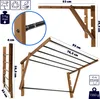 A collage of images showing a wooden wall-mounted drying rack, including close-ups of its construction and dimensions, and icons indicating its features. Anteprima dell’immagine prodotto