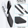 A black phone case is shown next to a white smartphone, with close-up insets highlighting features. Produktbild-Vorschau