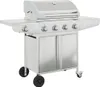 A stainless steel gas grill with four burners and storage cabinets below, shown on a white background. Produktbild-Vorschau