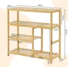 A wooden multi-tiered shelf unit with dimensions indicated by text overlays. Produktbild-Vorschau