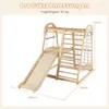 A diagram showing the dimensions and features of a wooden indoor playground set for children. Produktbild-Vorschau