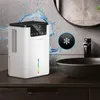 A white dehumidifier is placed on a bathroom counter next to a sink, with water splashing around it. Produktbild-Vorschau
