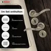 A set of door handles and accessories is displayed on a dark wooden surface, with a black overlay showing product details. Produktbild-Vorschau