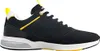 A side view of a black sneaker with yellow and white accents. Voir les images du produit