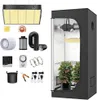 A collection of items for a grow tent setup, including a grow light, fan, filter, timer, thermometer, grow bag, pruning shears, and a grow tent with plants inside. Produktbild-Vorschau