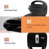 A collage of images showcasing features of a black sandwich maker, with text overlays indicating different features like detachable plates, anti-hot handle, and indicator lights. Produktbild-Vorschau