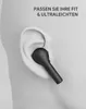 A close-up of a black wireless earbud inserted into a stylized human ear, with German text overlay. Produktbild-Vorschau