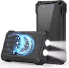 A black solar power bank with two lights illuminated, and a second, identical power bank in the background with solar panels visible. Produktbild-Vorschau
