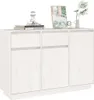 A white wooden sideboard with three doors and two drawers, decorated with a few items on top. Náhled obrázku produktu