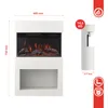 A white electric fireplace with a simulated fire and a shelf below, shown with dimensions and weight information. Anteprima dell’immagine prodotto