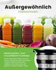 A marketing image showcasing colorful juices in bottles and a juicer component, with descriptive text. Podgląd zdjęcia produktu