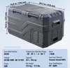 A gray and blue portable refrigerator with dimensions and specifications displayed. Náhľad obrázku produktu