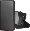 A black leather phone case with red stitching and a red bull logo is shown. Anteprima dell’immagine prodotto