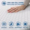 A hand resting on a white mattress topper with honeycomb pattern. Icons and text highlight product features. Produktbild-Vorschau