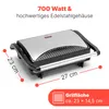 A close-up, angled view of a closed Bomann contact grill, with dimensions and wattage indicated by text overlays. Produktbild-Vorschau