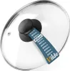 A glass pot lid with a black handle and a size guide tag attached. Podgląd zdjęcia produktu