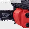 A close-up view of a red and black chainsaw, focusing on the chain and part of the engine housing. Text overlay describes a feature. Produktbild-Vorschau