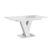 A white high-gloss dining table with a modern, V-shaped pedestal base, shown against a plain white background. Produktbild-Vorschau
