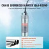 A submersible water pump is shown against a blue, bubbly water background, with text highlighting its features and a separate image of metal pipes. Anteprima dell’immagine prodotto