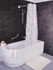 A clean, modern bathroom with a white bathtub and a patterned shower curtain. Produktbild-Vorschau