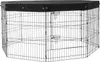 A black metal dog playpen with a black fabric cover on top, shown from the front in an isolated studio setting. Produktbild-Vorschau