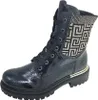 A black patent leather boot with a decorative gold and black patterned cuff. Voir les images du produit