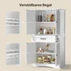 A white cabinet with doors open showing shelves with various kitchen items. Voir les images du produit