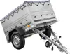 A silver utility trailer with a gray tarp cover is shown from a three-quarter front angle against a white background. Produktbild-Vorschau