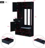A black entryway cabinet with multiple doors, drawers, a mirror, and a bench, shown with dimensions indicated by red lines and numbers. Voir les images du produit