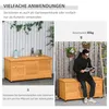A man sits on a wooden storage box in a garden setting, reading a book. Another shot shows the storage box with plants and a watering can on top. Produktbild-Vorschau