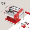 A collage of images showing a red and silver pasta maker with dimensions indicated. The main image shows the pasta maker in a 3/4 view, with smaller inset images showing parts of the product and accessories. Produktbild-Vorschau