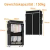 Collage of a black portable wardrobe with clothes hanging inside, and a diagram showing its dimensions. Produktbild-Vorschau