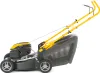 A side view of a yellow and black gas-powered lawnmower on a white background. Produktbild-Vorschau