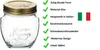 A clear glass jar with a gold lid, next to a list of its features and the Italian flag. Produktbild-Vorschau