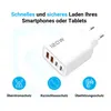 A white USB-C charger with multiple ports is shown, with icons and text highlighting its safety features. Produktbild-Vorschau