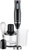 A black and silver hand blender with accessories, including a whisk attachment, a chopper bowl, and a measuring cup, is displayed against a white background. Produktbild-Vorschau